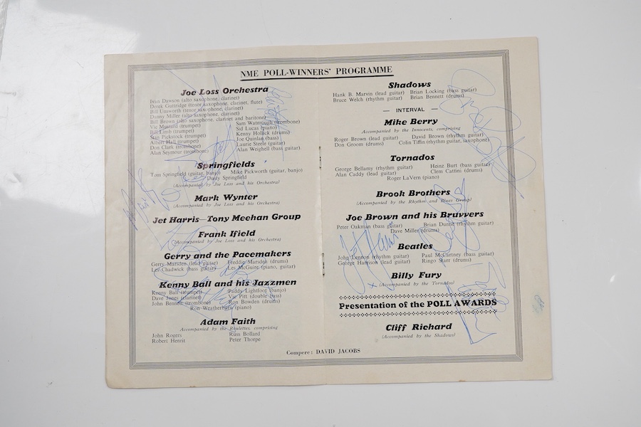 Beatles interest; a 1963 New Musical Express concert programme from the ‘Poll-Winners’ All-Star Concert, Empire Pool, Wembley on Sunday 21 April 1963, extensively signed by a number of the performers including three of t
